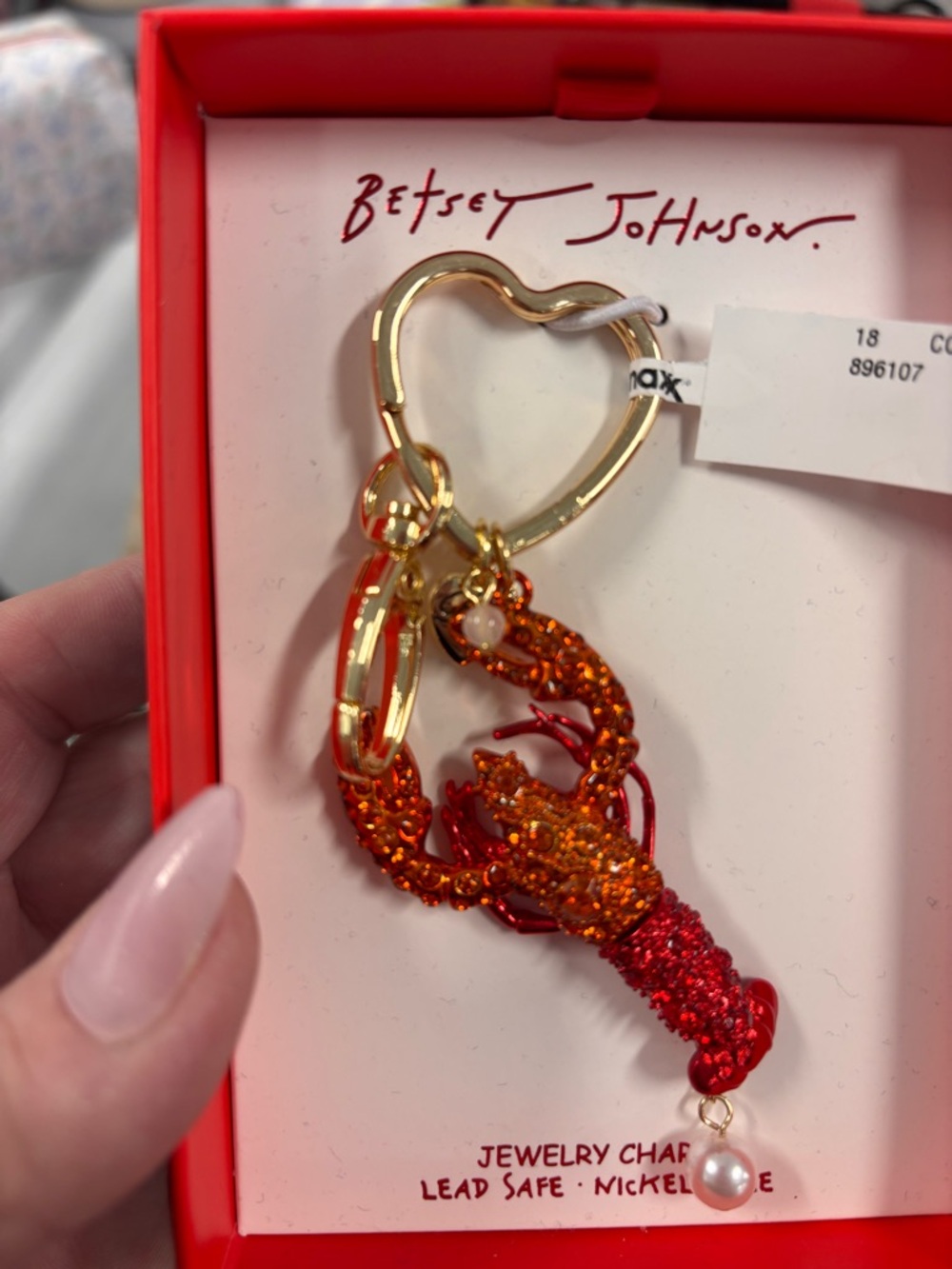 Betsey Johnson Red and Orange Glitter Lobster Key Charm with Pearl
